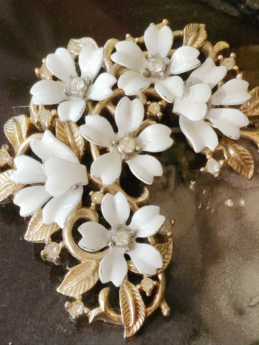 Vintage Crown Trifari Brooch White Enamel Dogwood Rhinestone Floral Spray 2"